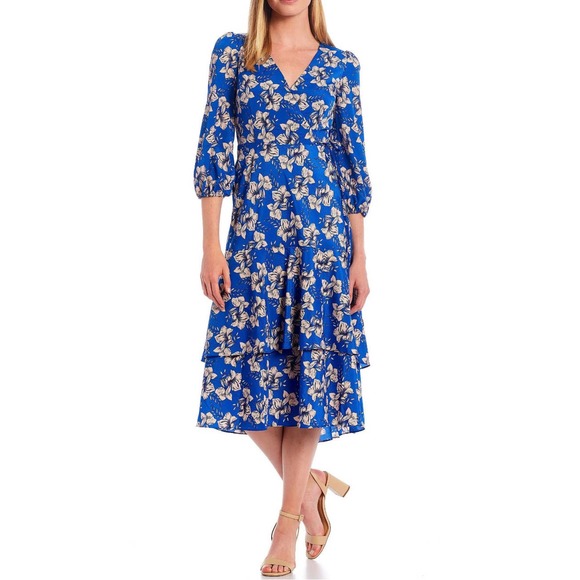 Eliza J Dresses & Skirts - Elisa J Faux Wrap Blue Floral Maxi Dress Size 6